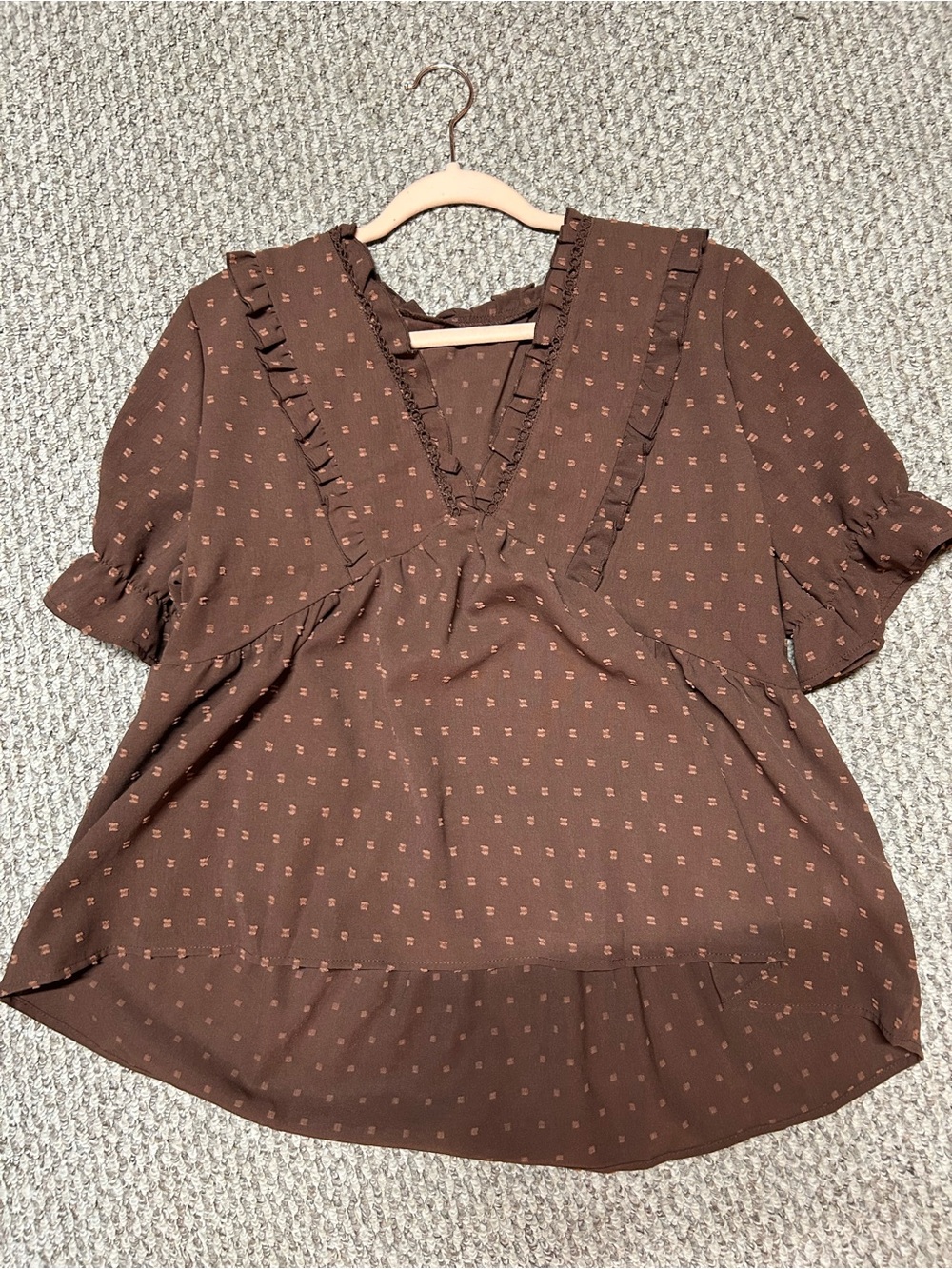 SHEIN Brown V-Neck Ruffle Dot Blouse